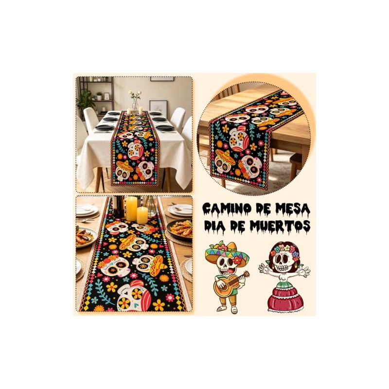 Camino de Mesa Dia de Muertos Decoracion Halloween,183 x 33cm