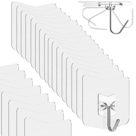 Clear Self-Adhesive Wall Hooks, No-Drill Transparent Hooks, 24 Pack