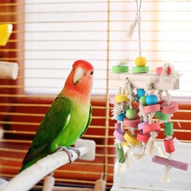 Parrot Toy Wooden Chew Toy Hanging Colourful Bite Wooden Blocks Birds Toy for Cages, Suitable for Parrots, Parakeets, Macaws, African Greys