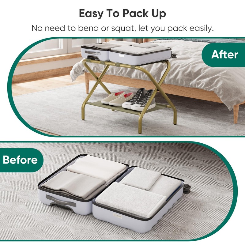 Smuxee Gold Luggage Rack, Foldable Suitcase Stand with Fabric Storage