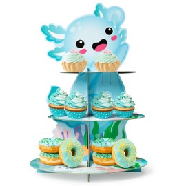 ANGOLIO Blue Axolotl Cupcake Stand - 3 Tiers Blue Axolotl Cupcake Dessert Tower Dessert Holder Cardboard for Childs Birthday Decoration Baby Shower Gender Reveal Party Supplies