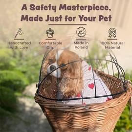 Wiklibox Natural Wicker Dog Bike Basket - 100% Organic Rattan Pet Carrier with Protective Grille - Eco Friendly Design - Soft Cotton Cushion & Mounting Bracket for Secure Bicycle Rear Luggage Rack