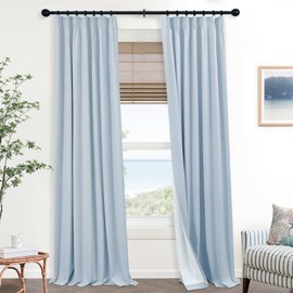 Mrs.Naturall Light Blue Linen Pinch Pleat Blackout Curtains for Bedroom,Thermal Curtains Summer Heat Coastal Curtains for Living Room Decor 96 Inches Long