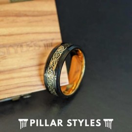 14K Gold Celtic Rings for Men Wedding Bands Black Viking Ring with Beveled Edges 8mm Tungsten Rings with Irish Inlay Unique Couples Anniversary Gifts for Him