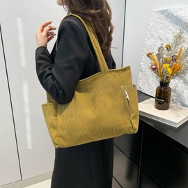Corduroy Tote Bag for Women, Large Capacity Shoulder Bag Designer Handbags with Zipper for Work Shopping Travel Study (Yellow)