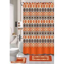 BH Home & Linen 18 Piece Embroidery Banded Shower Curtain Bath Set 1 Bath Mat 1 Contour 1 Shower Curtain 12 Matching Fabric Shower Rings 3 Pcs Matching Towel Set 100% Polyester. (Galaxy Orange)