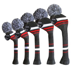 Scott Edward Golf Headcovers 5Pcs for Driver*1 Fairway*2 Hybrid*2,Knitted Elastic Yarn Double Layers Big Pom Protect Golf Club from Scracthes and Dust,Perfect Match Golf Bags (Grey White Red Stripe)