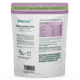 PRONAT | Colágeno Hidrolizado + Ácido Hialurónico, Suplemento Alimenticio, Sabor Manzana Verde, Bolsa con 500 gramos