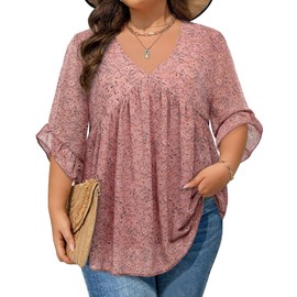 Plus Size Shirts for Women V Neck Flutter 3/4 Sleeve Pleated Blouse 2025 Curvy Hem Dressy Casual Tunic Dating Work Professional Teacher Clothes Wedding Crusie Country Concert Outfits Pink Flowers 4XL