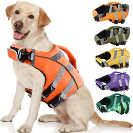 Kuoser Dog Life Jacket with Reflective Stripes, Adjustable High Visibility Dog Life Vest Ripstop Dog Lifesaver Pet Life Preserver with High Flotation Swimsuit for Small Medium and Large Dogs