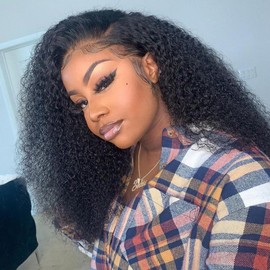 Romface Echthaar Perücke Schwarz Curly Half Wig Human Hair Kinky Curly 18 Inch Real Hair Wigs For Black Women,200 Dichte Perücken Echthaar Damen No Glue Natural Black
