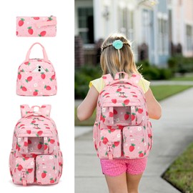 Xunteny School Backpack for Girls 3Pcs Set Elementary Middle School Book Bags with Lunch Box Pencil Case (Strawberry)