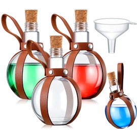 Baderke 3 Set 8 oz Plastic Potion Bottle Cosplay Accessories With Leather Belt - Decorative Witch Props Round Spherical Bottles for Party Decorations (Coffee)