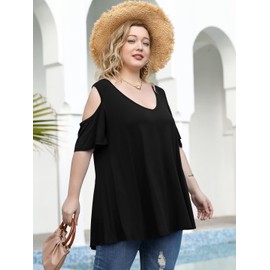 LARACE Plus Size Tunic Tops For Women V neck Short Sleeve Floral Shirts Cold Shoulder Loose Summer Boho Blouse(Black,3X)