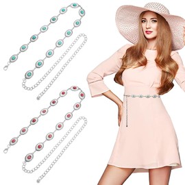 2 PCS Metal Chain Belt Hollow Songhua Stone Waist Chain Adjustable Boho Waist Belt Skinny Vintage Openwork Long Buckle Dress Belt for Women, Dress Jeans Pants Belt Country Concert Outfit Decoration