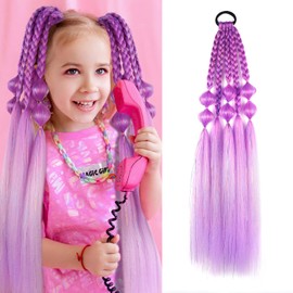 Colored Hair Extensions, LyoRuSi 25 Inch Lightweight Colored Tinsel Bubble Ponytail Extension with Hair Tie, Ombre Crazy Hair Day Accessories for Girls Festival Rave (Rose Pink/Light Purple#)