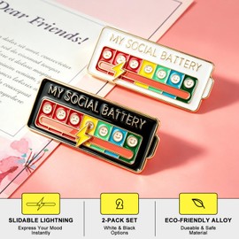 2 Pack of Social Battery Slider Pins | Creative Enamel Badge Set, Emotional & Funny Mood Indicator Brooches | Functional & Fashion Pins for Backpacks, Jackets & Bags | Gift Accessories - Black & White