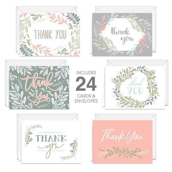 Canopy Street Blush Floral Pastel Thank You Cards / 24 Wedding Thanks Note Cards / 3 1/2" x 4 7/8" Baby Shower Greenery Accent Greeting Cards / 6 All Occasion Appreciation Note Designs