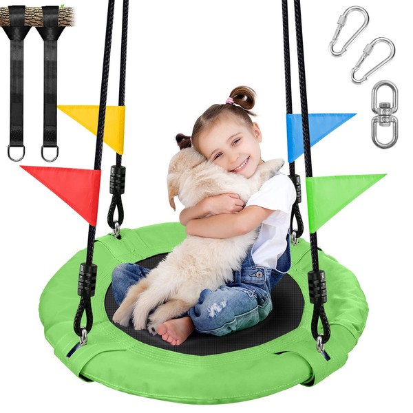 Odoland 24 inch Kids Tree Swing, Outdoor Small Saucer Swing - 900D Oxford Platform Swing - Backyard Round Flying Swing with Hanging Ropes, Straps and Turnbuckle