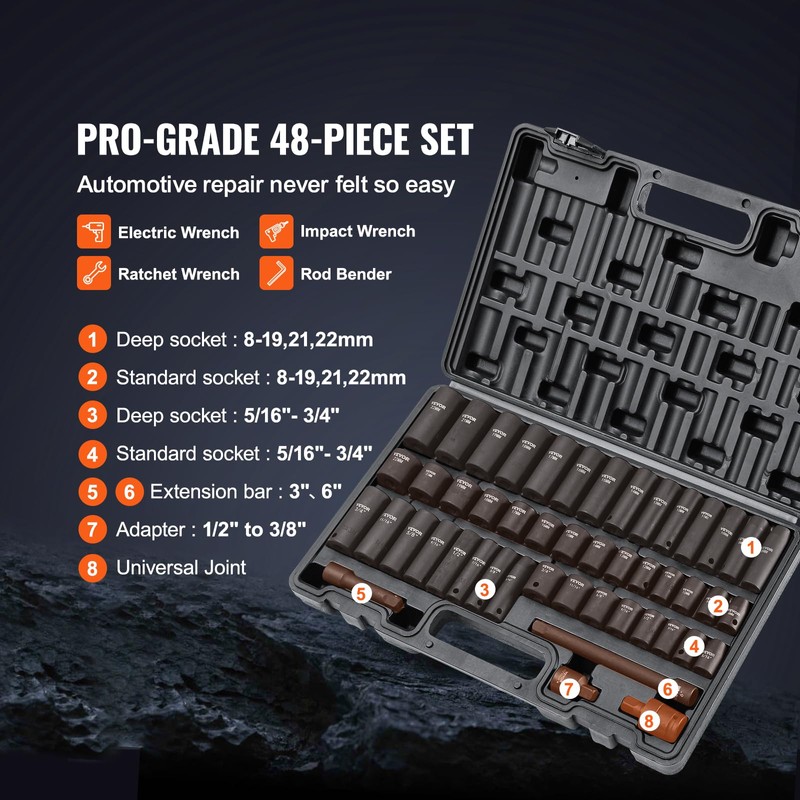 VEVOR Impact Socket Set 3/8" Drive, 48-Piece Standard SAE (5/16