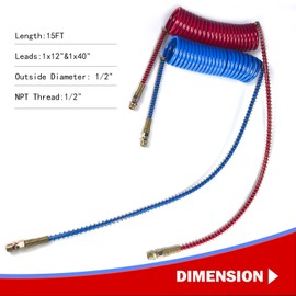 15Ft Coiled Air Brake Hoses Assembly with 40'' & 12'' Lead Red & Blue for Semi Truck Tractors Trailers