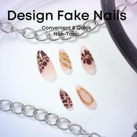 Press on Nails Medium Almond Shape-Glossy Full Cover Acrylic Pointed Almond French False Nails with Floral Designs Artificial Almond Fake Nails with Charms Glue ons Fingernails for Women Girls