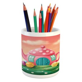 Ambesonne Fantasy Pencil Pen Holder, Polka Dotted Fantasy Tea Pot and Coffee Cup House Surrounded by Lollipops, Printed Ceramic Pencil Pen Holder for Desk Office Accessory, Fern Green and Coral