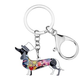 DUOWEI Dainty Enamel Top Hat Dachshund Dog Keychain Alloy Cute Pets Keyring Handbag Charm Gifts for Women Girl - black - Medium
