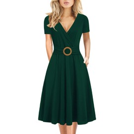 Women's Elegant Criss-Cross V Neck Vintage Short Sleeve Work Casual Party Swing Tea Dress with Pockets 980 (S, Dark Green)
