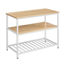 VASAGLE Kitchen Island with 3 Shelves, 47.2 Inches Kitchen Shelf with Large Worktop, Stable Steel Structure, Industrial, Easy to Assemble, Oak Color and White UKKI001W09