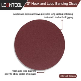 LEONTOOL 2 Inch Hook and Loop Sanding Discs 400 Grit 100Pcs Sandpaper Discs for Random Orbital Sander Pads Grinding Polishing Metal Wood Rubber Leather Plastic Stone Glass