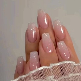 Medium Press on Nails Coffin Gradient False Nails Pink Glitter Fake Nails with Designs Spring Artificial Nails Full Cover Acrylic Glue on Nails Medium Stick on Nails for Women 24pcs