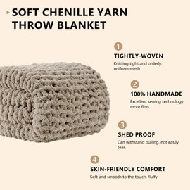 L'AGRATY Chunky Knit Blanket Throw: 50''x60'' Chenille Chunky Knitted Throw Blanket for Bed Couch - Handmade Thick Big Cable Knit Blanket - Large Crochet Rope Blanket for Home Decor(Light Linen)