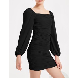 EXARUS Girls Long Sleeve Bodycon Dress Party Dance Tight Ruched Mesh Lantern Sleeve Short Pencil Dresses Black 12 Years