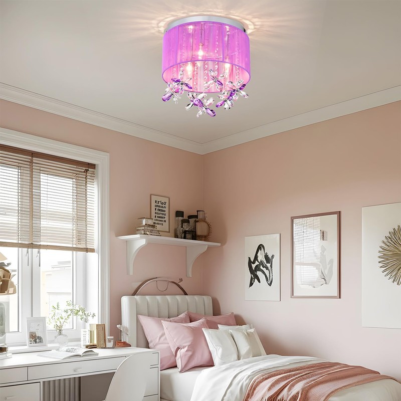 LaLuLa Purple Crystal Chandelier for Girls Bedroom, 3-Light E12 Flush
