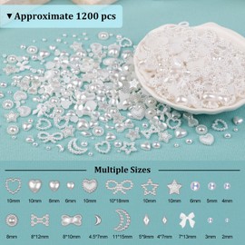 1200Pcs 3D Multi Shapes Nail Charms and Flatback Pearls, White&White AB Mix styles Heart Star Bow Sunflower Embellishments for Nail Art, Craft and Decoration with Glue Gel, Tweezer and Pickup Pencil