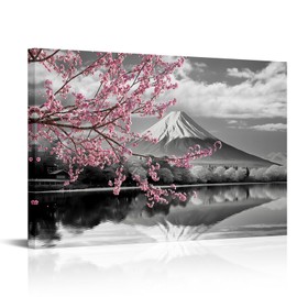 YeiLnm Japanese Mount Fuji Canvas Wall Art Black and White Cherry Blossom Picture Painting Decor for Home Office Bedroom Living Room Decor Frame