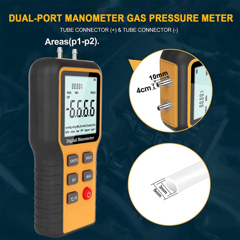 Manometer Gas Pressure Tester, Digital HAVC Manometer Dual-Port Air Pressure