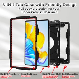 ROISKIN Honor Pad 8 Case 12 inch 2022 for Kids: Heavy Duty Shockproof Cover with Screen Protector & Rotating Kickstand & Hand/Shoulder Strap & Pencil Holder, Black