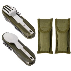 Set of 2 Outdoor Travel Cutlery, 7 in 1 Removable Camping Cutlery Set, Stainless Steel Camping Cutlery, Portable Folding Cutlery with Nylon Bag, Cutlery for Hiking, Travel, Picnic, Camping