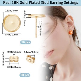 Beebeecraft 1 Box 50Pcs Post Stud Earring Findings 18K Gold Plated Round Prong Blank Earring Cabochon Settings with 8mm Tray and 50Pcs Ear Nuts for DIY Earrings Jewelry Making