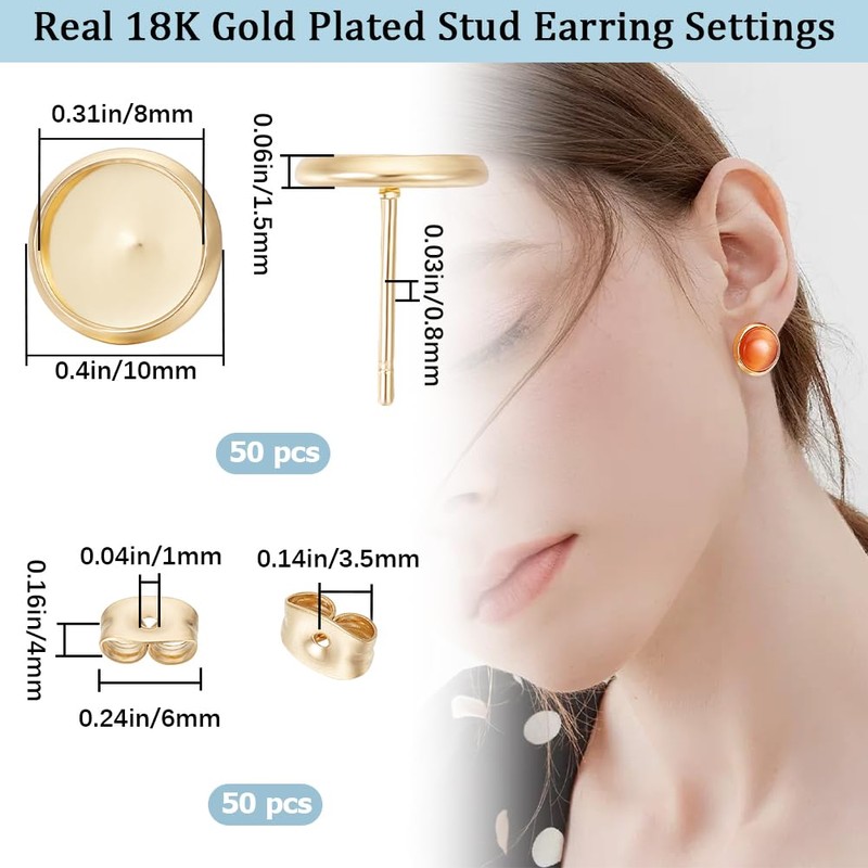 Beebeecraft 1 Box 50Pcs Post Stud Earring Findings 18K Gold