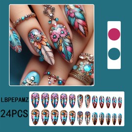 LBPEPAMZ 24Pcs Colorful Feather Press on Nails Medium Almond Fake Nails Vivid Gold Ombre Flower Acrylic Nails False Nails Retro Floral Blue Gradient Stick on Nails for Women Girls Manicure Decor