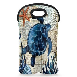 Aglebo Vintage Sea Turtle 2 Bottle Wine Carrier Tote Bag Insulated Wine Bottles Neoprene Bag with Secure Carry Handle Portable Wine Cooler Bag for Travel Picnic Beach