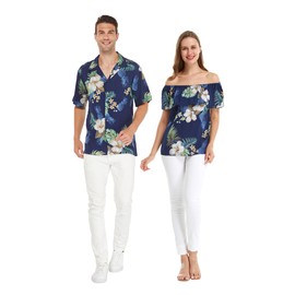 Matchable Couple Hawaiian Luau Shirt in Pineapple Garden Navy, Men, M