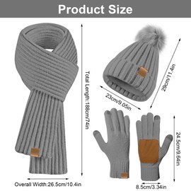 GOSHIES Women's Hat Scarf Winter Set Beanie Hat Women's Winter with Bobble Fleece Lined Hat, Scarf & Glove Sets, Touchscreen Gloves, gray