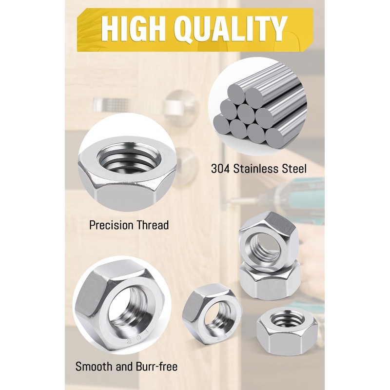 Caianwin 50Pcs 1/4"-20 Stainless Hex Nuts 304 Stainless Steel Nuts