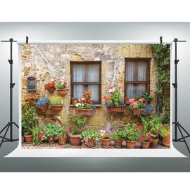 EOA 7(W) x5(H) FT Italian Tuscan Street Old Wall Flower Backdrop for Photography Italy Old City Town Medieval Architecture Summer Background for Wedding Birthday Grand Events Photo Booth Props