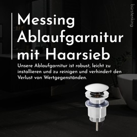 Bürstenking Sink Drain Fitting - Drain Valve with Hair Strainer - for Sink & Washbasin - 1 1/4 Inch Connection Thread & M6 Screw - Push-Open Function - with Overflow - Diameter 63 mm - Chrome Silver