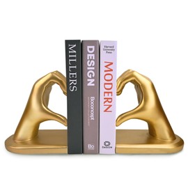 Gold Decorative Bookends for Shelves, Heart Hands Book Ends Sculpture Aesthetic Decor for Bedroom Living Room Merch Apartment Bookshelf Birthday Women Decorations Stuff Aesthetic